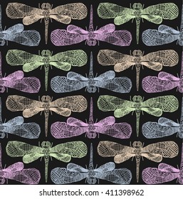 seamless  dragonfly pattern. vintage pastel color background. blackboard background