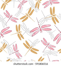 Seamless dragonfly pattern in watercolor pink and golden colors. Vector illustration.