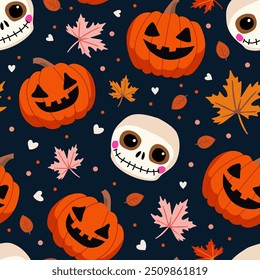 Seamless drawing with angry pumpkins surrounded by autumn leaves, hand-drawn drawing