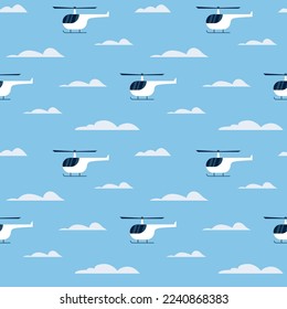 Seamless drawing of a blue sky with clouds and white helicopters cartoon vector 