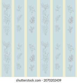Seamless drawing of botanical branches of plants, graphic contours are drawn by hand, striped background of light tones for printing an impression