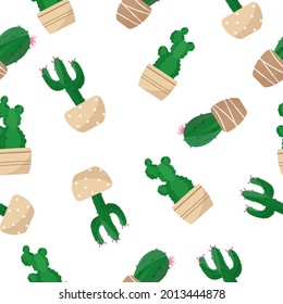 SEAMLESS DRAWING OF CACTI IN CARTOON STYLE FLAT ON A WHITE BACKGROUND PATTERN