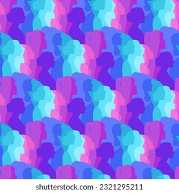 Seamless drawing of a crowd of women. Multinational women, vector illustration. Female faces from different cultures in profile, a large number of people.