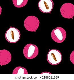 Seamless drawing of an exotic litchi fruit in whole and in halves, hand-drawn in sketch style. Lychee. Seed. Fruit. Summer. Vector simple illustration.