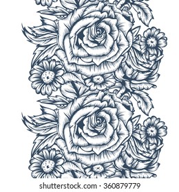 Seamless drawing with flowers.  Ink in the style of antique engraving.   Vector illustration. 