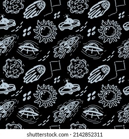 Seamless drawing of flying transport, planets, comets and stars. Vector in cartoon style. Rocket, flying saucer. Space objects on black background. Can be used for greeting cards, children's fashion.