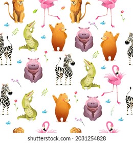 Seamless drawing with funny animals: zebra, lion, flamingo, crocodile and bear. Creative children's texture for fabric, packaging, textiles, wallpaper, clothing. Vector seamless illustration