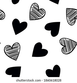 Seamless drawing with hand-drawn graphic hearts. Ink illustrations. Hand-drawn ornament for wrapping paper. Decorative pattern for banners, flyers, postcards and posters, for wedding invitations.