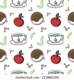 A seamless drawing of hot breakfast drinks. Hand-drawn doodle-style elements. Breakfast. Good Morning. Coffee and green tea. Simple vector in doodle style. 