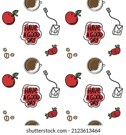A seamless drawing of hot breakfast drinks. Hand-drawn doodle-style elements. Breakfast. Good Morning. Coffee, green tea, apple and strawberries. Simple vector in doodle style. 