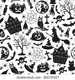 Seamless drawing icons for Halloween on a white background