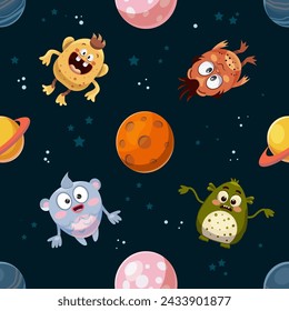 Seamless drawing of monsters in space, children's pattern, vector graphics