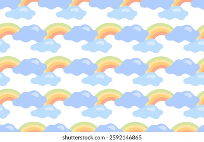 Desenho contínuo de arco-íris e nuvens em cores pastel. Gráficos infantis bonitos. Desenho vetorial. Textura bonito para papel de parede do berçário, capas de livros, impressões em roupas.