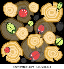 a seamless drawing that shows wood cuts on a black background with insects or beetles
