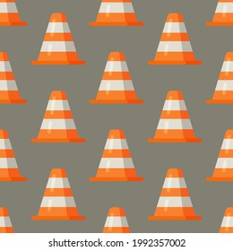 Seamless drawing of traffic cones. Repetitive vector illustration on brown background. 