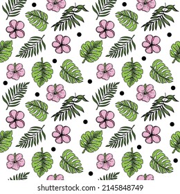 A seamless drawing of a tropical hibiscus flower. A hand-drawn sketch of a bright flower in doodle style. Tropics. Bright greens. Palm leaves and monster leaves. Pink hibiscus. Isolated vector.