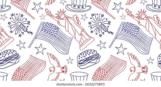 seamless drawn 4th of july pattern red dark blue pen line art white background USA independence day symbols statue of liberty eagle star flag hat burger