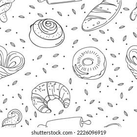 Seamless drawn baking illustration. Bakery or bakehouse menu.