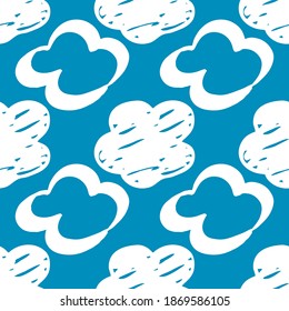 Seamless drawn cloud pattern. Brush-painted clouds on a blue background. Vector illustration. 10 eps