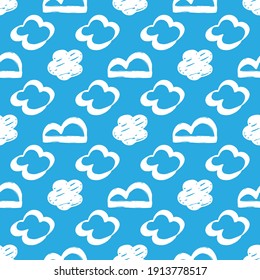 Seamless drawn cloud pattern. Brush-painted clouds on a blue background. Vector illustration. 10 eps