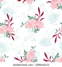 Seamless drawn flower pattern. Wild realistic floral print, hand drawn pattern for printing, seamless pattern with flowers. Seamless clipart for wallpapers, backgrounds. Vector illustration.