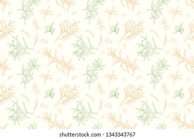 Seamless drawn Sea buckthorn pattern, color drawings of sea buckthorn, sea buckthorn berries and twigs background for textile, wallpapers 