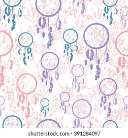 Seamless dream catchers pattern on sweet pink background. Multicolor. Vector