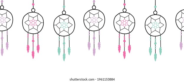 Seamless dreamcatchers border vector illustration. Hand drawn dream catchers repeating horizontal header pattern