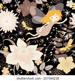 Seamless dreamlike background. Little fairy with a magic wand flying in the fabulous garden. Vector illustration. 
