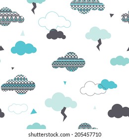 Seamless dreamy aztec clouds and geometric thunderbolt pastel illustration background pattern in vector