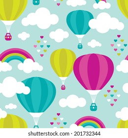 Seamless dreamy sky and hot air balloon rainbow background pattern in vector