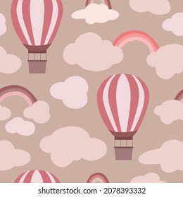 Seamless dreamy sky and hot air balloon rainbow background pattern in vector