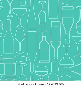 Seamless drink background with wine bottles and glasses