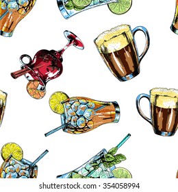 Seamless drinks background with cocktails and beer. Hand drawn vector illustration.