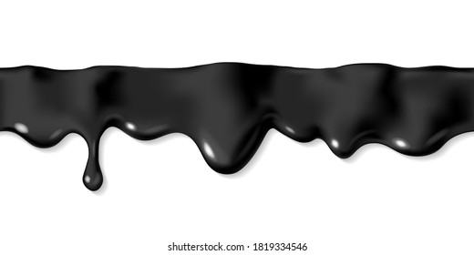 Seamless dripping black liquid horizontal border. Repeatable oozing fluid paint. Black Friday or Halloween design. 3d realistic vector illustration isolated.