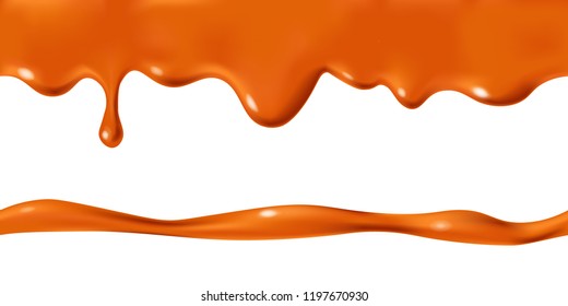 Gotas de caramelo sin inoxidable de salsa dulce aisladas sobre fondo blanco. Diseño de manchas de pintura naranja o marrón. Ilustración vectorial. Frontera horizontal realista