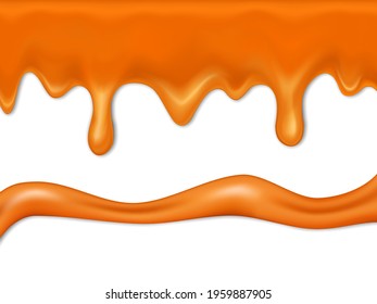 Seamless dripping caramel drops of sweet sauce isolated on white background. Melt toffee wave for candy pack design. Brown sweet syrup isolated on white background