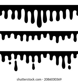 Seamless dripping elements. Ink drips, shape of melting drops. Black liquid borders, graffiti paint flow. Art syrop stain, isolated flowing decent vector pattern