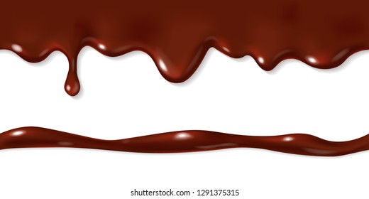 Dulce sin mar derretido de chocolate negro o de leche aislado sobre fondo blanco. Ilustración vectorial 3d realista de la salsa de crema marrón o flujo de jarabe. Elementos de borde horizontales. Carbón líquido que se cae