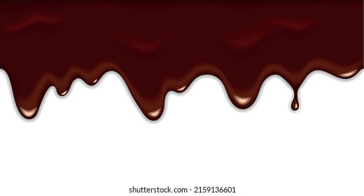 Dulce sin foco derretido de chocolate oscuro o de leche aislado en fondo blanco. Ilustración vectorial 3d realista de la salsa crema marrón, el cacao líquido o la gota de jarabe. Elementos de borde horizontales