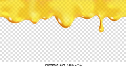 Seamless dripping oil. Yellow transparent drop of sweet honey. Vector design of syrup drips. Realistic background horizontal border
