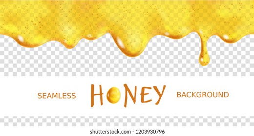Seamless dripping oil. Yellow transparent drop of sweet honey with bubbles. Vector design of syrup drips. Realistic background horizontal border