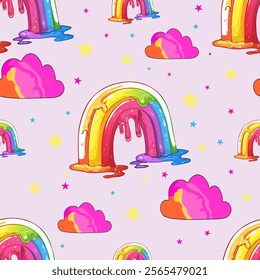 Seamless Dripping Rainbow and Star Pattern. Colorful Rainbows with Stars on White Background. Fun and Whimsical Rainbow Star Pattern