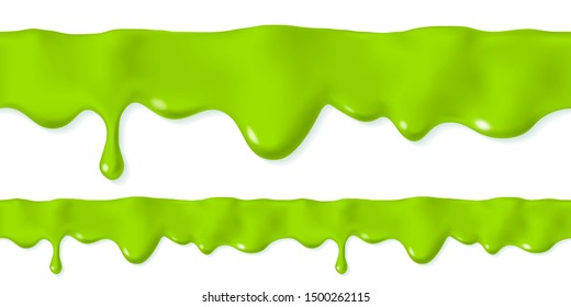 Seamless dripping slime pattern. Repeatable oozing green liquid paint. 3d realistic vector illustration isolated on white background. Halloween design. Flowing melted toxic blob. Horizontal border