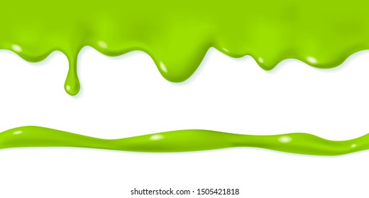 Seamless dripping slime pattern. Repeatable oozing green liquid paint. 3d realistic vector illustration isolated on white background. Halloween design. Flowing melted toxic blob. Horizontal border