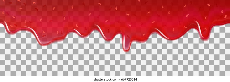 Seamless dripping sweet red jam. Vector seamless splashing strawberry or raspberry syrup sugar jam pattern background.