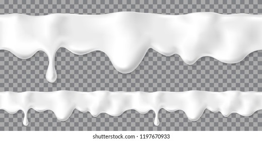 Seamless dripping white cream or yoghurt drops. Vector paint stain or yogurt splash illustration for background design. Realistic milk horizontal border. Mayonnaise repeatable blobs