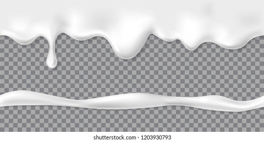 Seamless dripping white cream or yoghurt drops. Vector paint stain or yogurt splash illustration for background design. Realistic milk horizontal border. Mayonnaise repeatable blobs