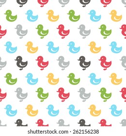 Seamless  duck pattern. Many blue, red, yellow, green and gray ducks on white background. Baby pattern.