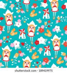 Seamless dutch cheese and windmill kids illustration background pattern in vector